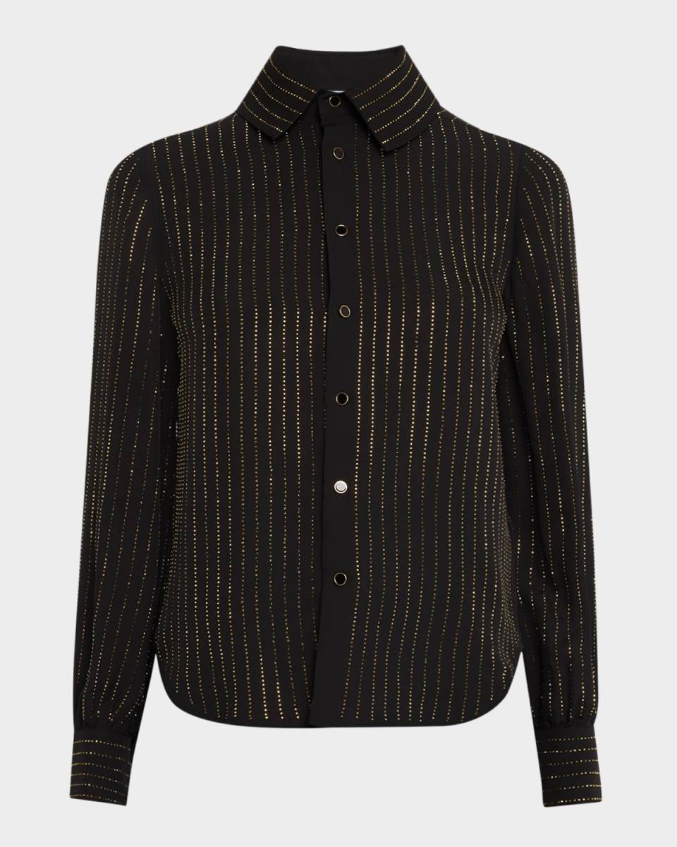 Striped Strass Silk Button-Down Shirt